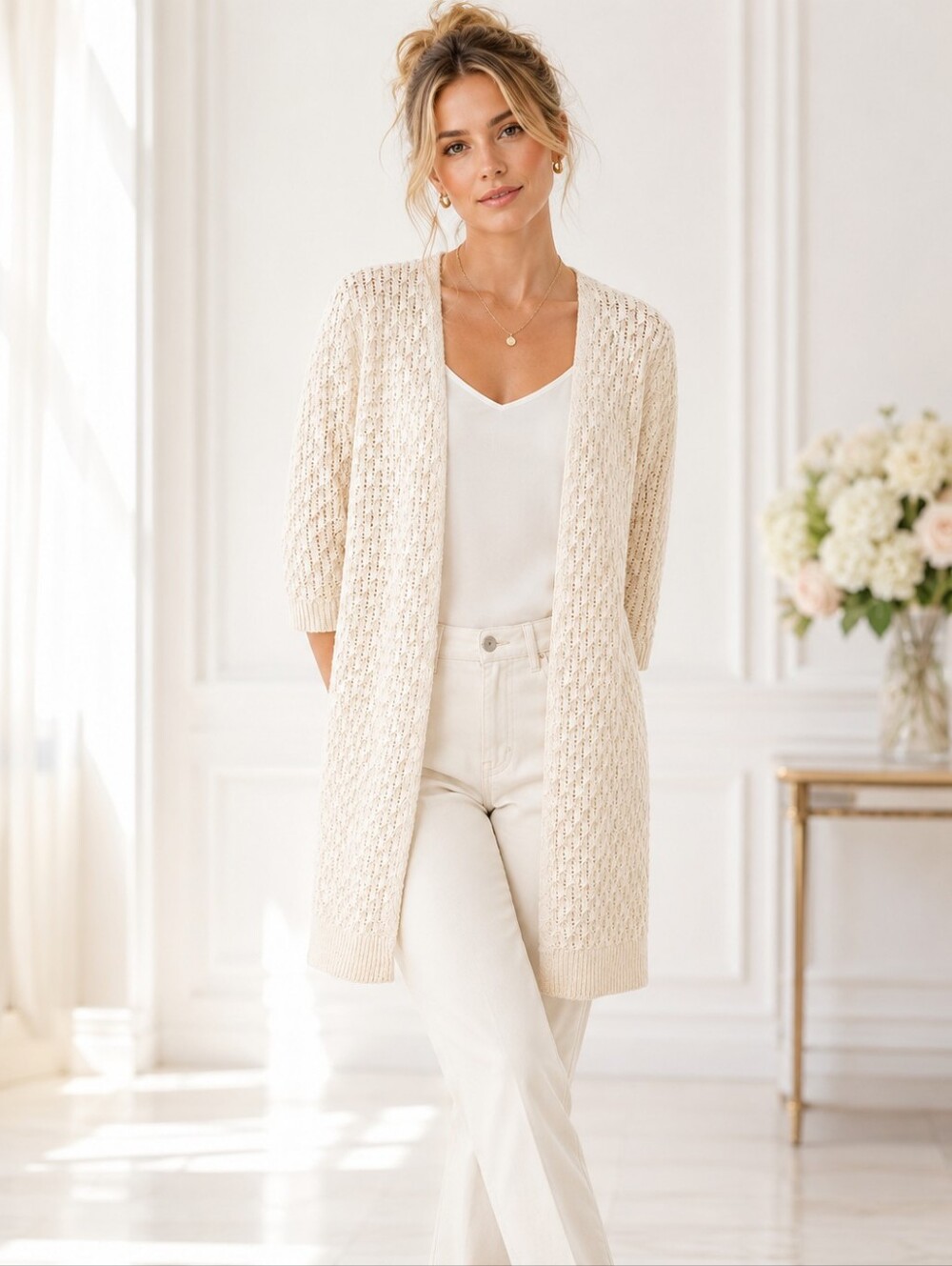 Nicole Miller Artelier Ivory Open Knit Long Cardigan | Size XS
